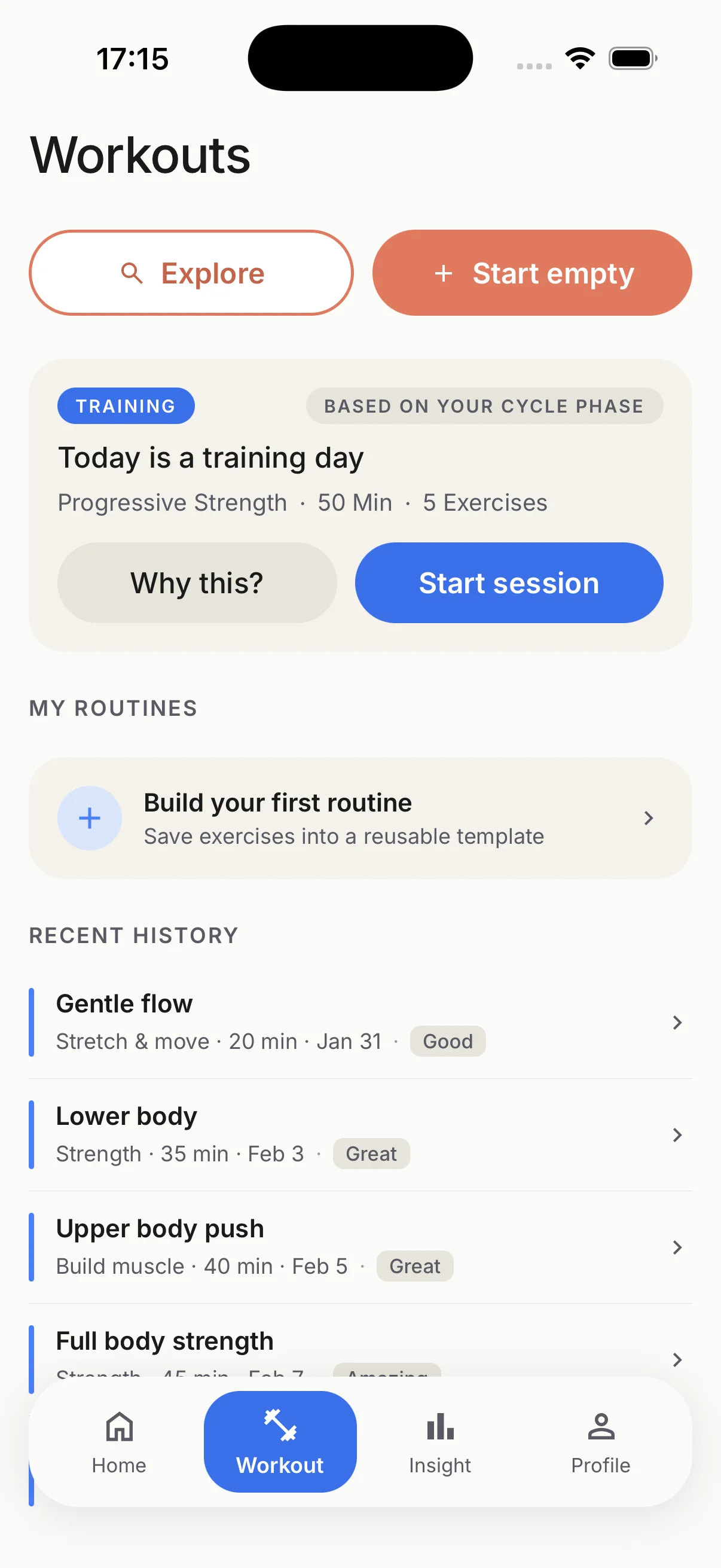 Cycla adapted workout screen